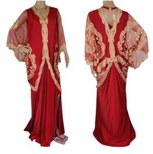 Arabian Red Gold Long Kaftan Floral Embroidered Sheer Sleeve Evening Fairy Slit